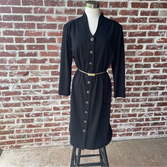 Vintage Dresses & Skirts - Vintage 70s 80s Black Button Down Long Sleeve Dress